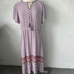 Knox Rose Purple Floral Maxi Dress Short Flutter Sleeve Tie Neck XL